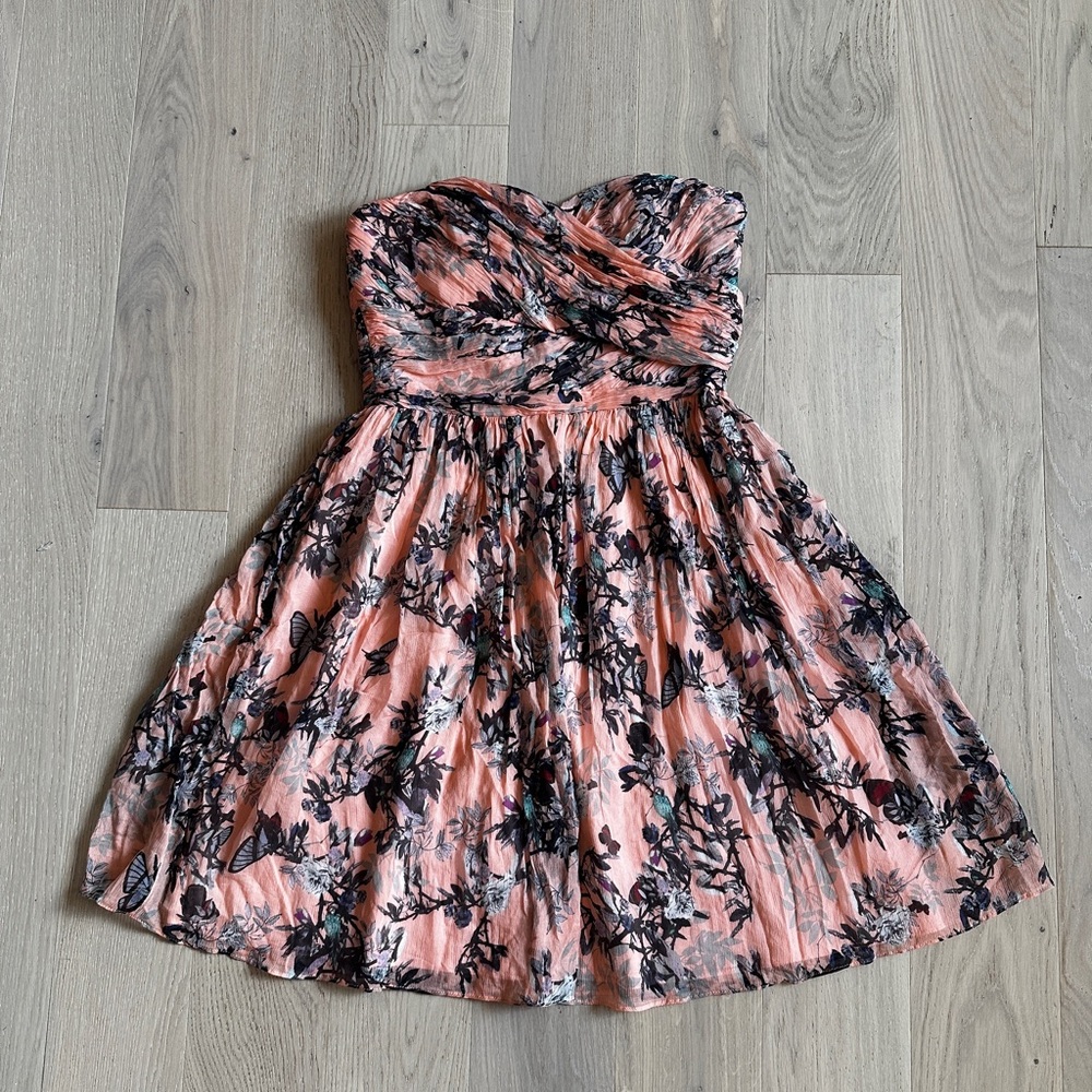 J. Crew Silk Chiffon Peach Floral Sweetheart Strapless Minidress with Ruching